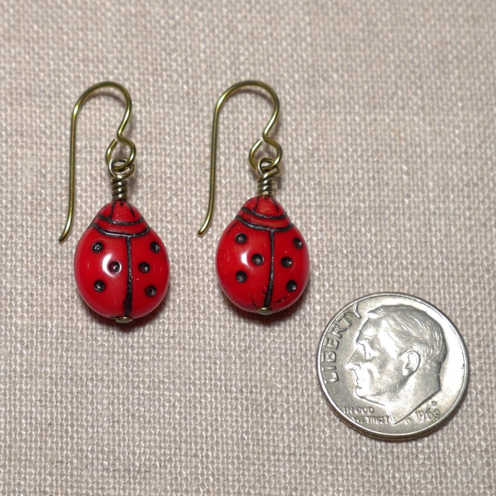 Hand Crafted Handmade Earrings Red Czech Glass Ladybug Earrings - Picture 3 of 4